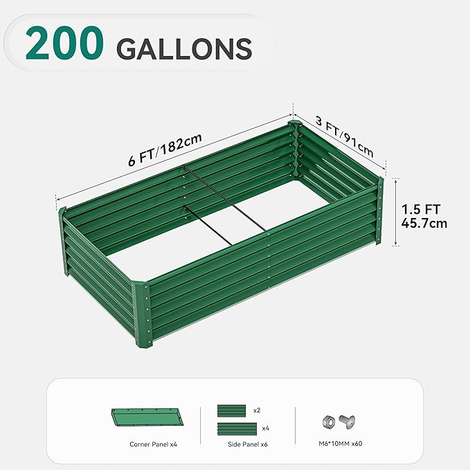 YITAHOME 72x36x18 in Galvanized Raised Garden Bed Kit, Large Metal Planter Box with Gloves & Support Rod, Outdoor Flower Bed for Plants Vegetables, Green