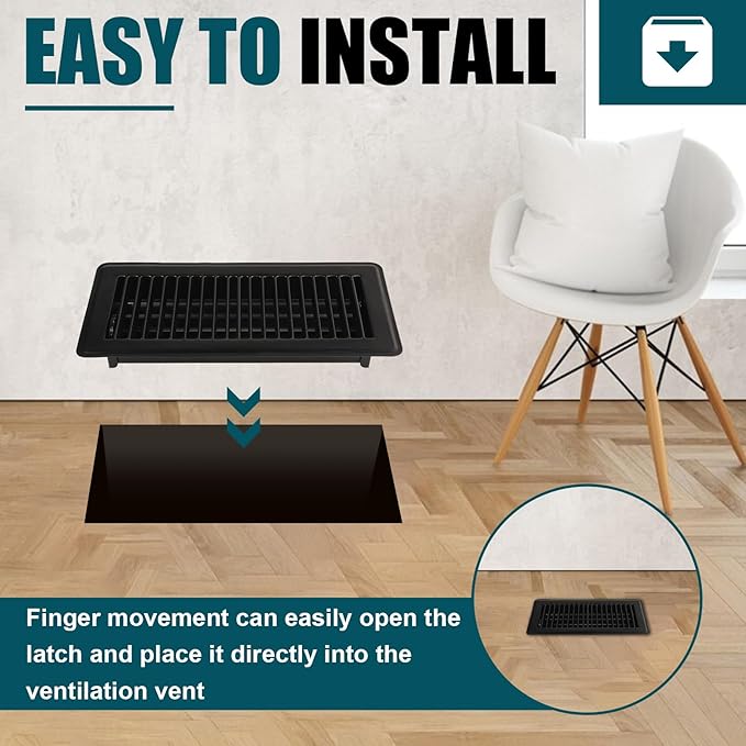 VOISEN Floor Register, 4" x 10" Floor Vents, Steel Adjustable Air Supply Grille Register Vent Cover Grill for Sidewall and Floor(Black)