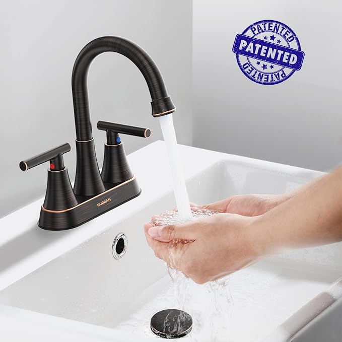 Bathroom Faucets for Sink 3 Hole, Hurran 4 inch Oil Rubbed Bronze Bathroom Sink Faucet with Pop-up Drain and Supply Hoses, Stainless Steel Lead-Free Centerset Faucets for Vanity RV
