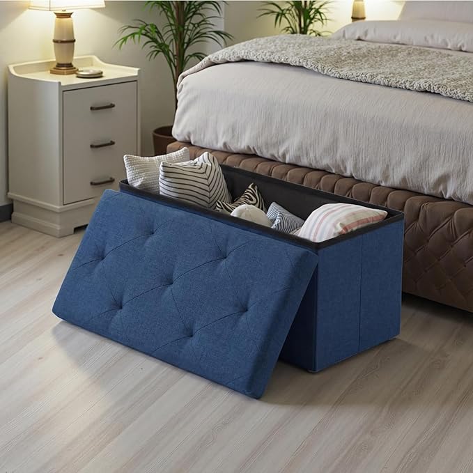 DUMOS 30in Foldable Storage Ottoman Bench, Ottoman Bench Foot Rest Stool with Padded Seat, Bedroom Bench with for Living Room, Support 660lbs, Blue