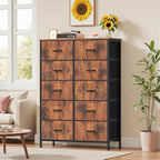 Dresser for Bedroom with 10 Drawers, Anti-Tip Tall Fabric Chests Storage Organizer Tower Furniture with Wooden Top Metal Frame for Clothes, Closet, Living Room, Hallway, Entryway