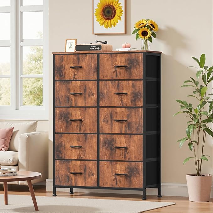 Dresser for Bedroom with 10 Drawers, Anti-Tip Tall Fabric Chests Storage Organizer Tower Furniture with Wooden Top Metal Frame for Clothes, Closet, Living Room, Hallway, Entryway