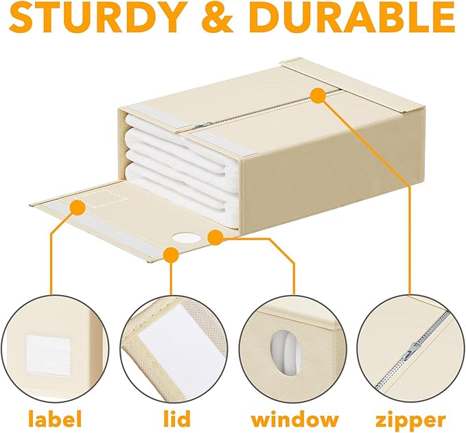 SpaceAid 16 Pack Bed Sheet Organizers and Storage, Foldable Sheet Organizer for Linen Closet, Sheets Set Folder Keeper with Window XL (Queen & King Size) Bedding Container (Beige, 16 Pack)