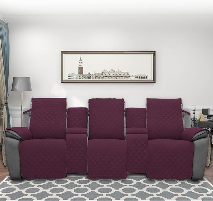 Easy-Going Recliner Sofa Cover with Console, Reversible Couch Cover for Living Room, Split Sofa Cover for Each Seat with Elastic Straps for Kids, Dogs, Pets (3 Seater, Wine/Beige)