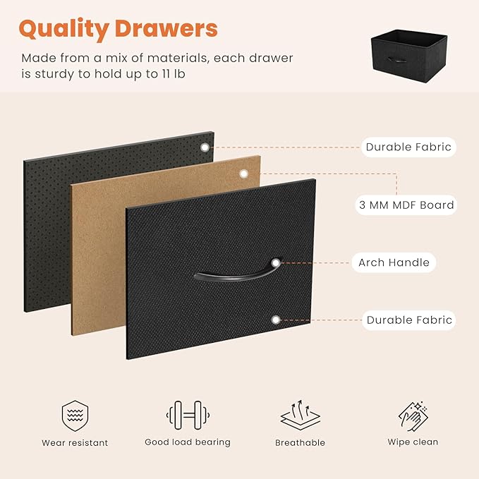 Dresser for Bedroom with 5 Drawers, Anti-Tip Wide Fabric Chests Storage Organizer Tower Furniture, TV Stand for TV up to 45 inch with Wooden Top Metal Frame for Clothes, Living Room, Hallway, Entryway