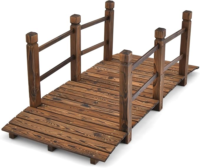 HAPPYGRILL 5FT Wooden Garden Bridge, Decorative Pond Landscaping Bridge with Classic Arc Footbridge & Double Safety Railings, Garden Bridges for Outdoors, Backyard, Garden Farm (Brown)