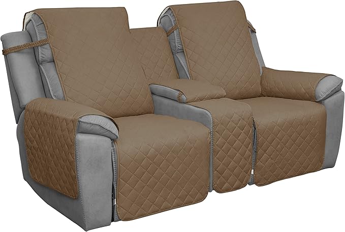 Easy-Going Loveseat Recliner Cover with Console, Reversible Couch Cover for Living Room, Split Sofa Cover for Each Seat with Elastic Straps for Kids, Dogs, Pets(2 Seater, Camel/Ivory)