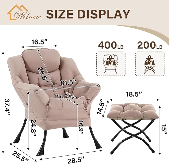 Welnow Lazy Chair with Ottoman, Modern Reading Accent Chair with Armrests and a Side Pocket, Leisure Upholstered Lazy Sofa Set with Footrest for Small Space, Khaki