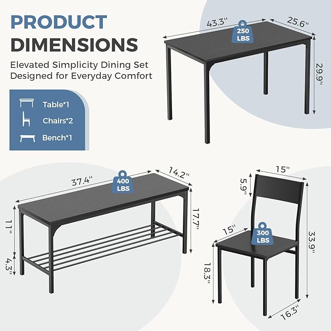 DUMOS Dining Table, Dining Table Set for 4 with Bench, Easy to Assemble Kitchen Table, Space-Saving Ideal 4-Person Set for Dining Room Kitchen Apartment Corner Black 4 Pack