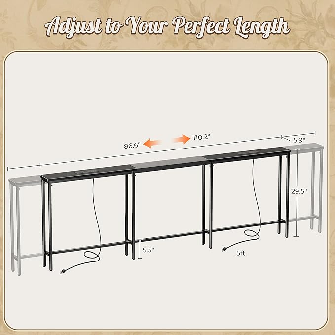 Huuger Narrow Sofa Table with 2 Power Outlets, 86.6-110.2 Inch Adjustable Length, Behind The Couch Table with USB-C Port, Long Entryway Console Table, Anti-tip Kit, for Living Room, Black