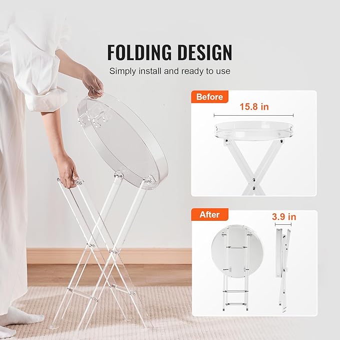 VEVOR Acrylic Folding Tray Table, Acrylic End Table with Folding X Leg, Clear Acrylic Side Table for Coffee, Drink, Food, Snack for Living Room & Bedroom