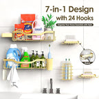 NESOMI Shower Caddy Adhesive Shower Organizer 7-Pack, Rustproof Stainless Steel Bathroom Shelves, Large Capacity No-Drill Rack Storage Accessories with Soap Dish Toothbrush Holder Hooks