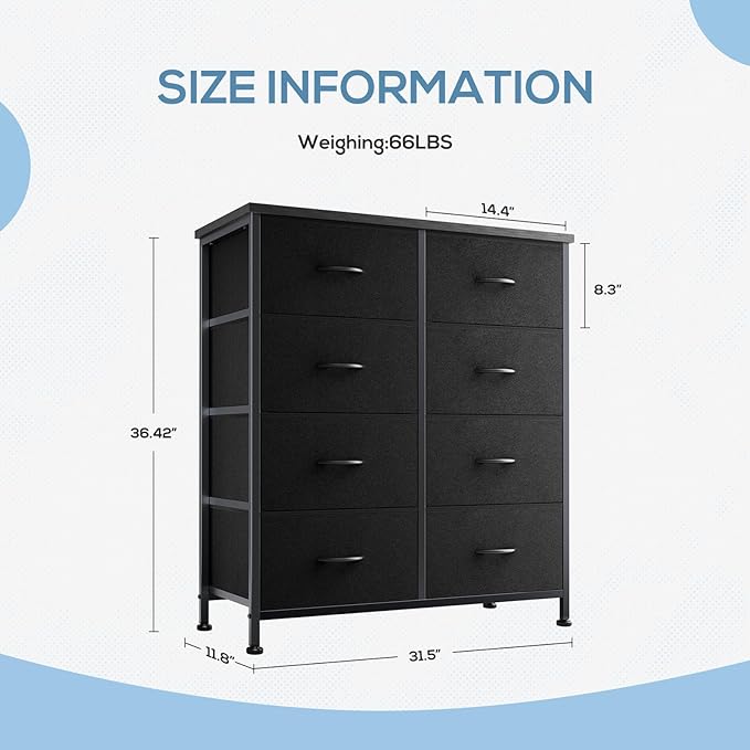 Dresser for Bedroom with 8 Drawers, Anti-Tip Tall Fabric Chests Storage Organizer Tower Furniture with Wooden Top Metal Frame for Clothes, Closet, Living Room, Hallway, Entryway