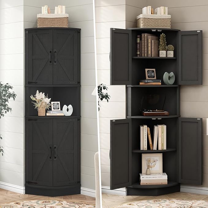 Vabches 64.8" Tall Farmhouse Corner Cabinet with 4 Doors and 5 Storage Shelves, Farmhouse Storage Cabinet with Barn Door Design, Home Space Saver for Living Room, Kitchen, Laundry Room,Black