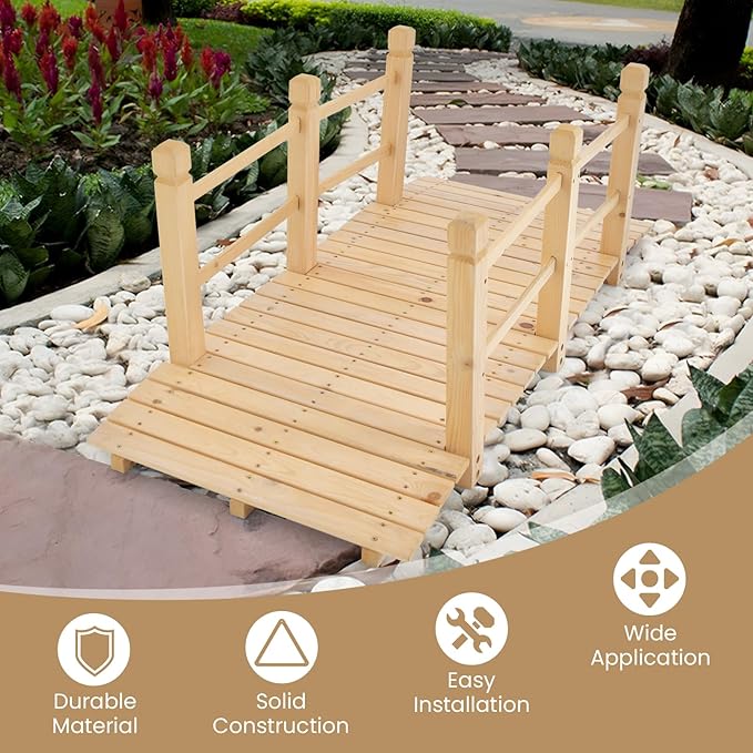 HAPPYGRILL 5FT Wooden Garden Bridge, Decorative Pond Landscaping Bridge with Classic Arc Footbridge & Double Safety Railings, Garden Bridges for Outdoors, Backyard, Garden Farm (Natural)