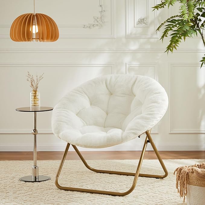 Sweetcrispy Cozy Saucer Chairs Faux Fur Living Room Reading Lounge Furniture Folding Comfy with Soft Thick Padded Seat Metal Frame Modern Style for Bedroom Home Adults, X-Large, White