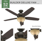 Hunter 52 inch Indoor Ceiling Fan with LED Light - Bronze Ceiling Fan with Pull Chain, For Bedroom or Living Room, Standard Mount, No Remote, 5 Blades, Includes Bulbs- Builder Deluxe 53091, New Bronze