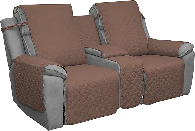 Easy-Going Loveseat Recliner Cover with Console, Reversible Couch Cover for Living Room, Split Sofa Cover for Each Seat with Elastic Straps for Kids, Dogs, Pets(2 Seater, Brown/Beige)