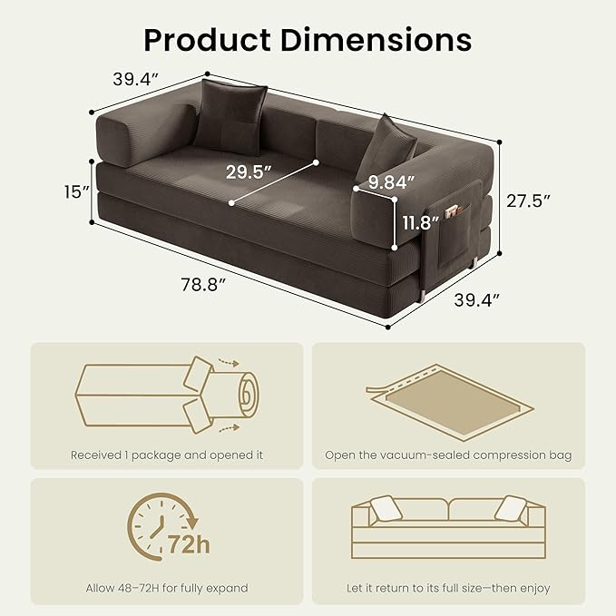 78.8" Convertible Futon Sofa Bed,Corduroy Futon Couch with Storage Pocket,Folding Pull Out Sofa,No Assembly Boneless Couch for Living Room,Brown
