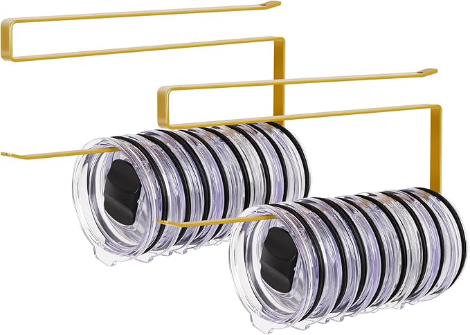 2 Pack Tumbler Lid Organizer, Horizontal Tumbler Lid Storage Hook to Hold Up 20 Lids, Space Saving Cup Lid Holders Under Cabinet Tumbler Lid Hook for Kitchen Organizer, Paper Towel Rack Hanger (Gold)
