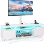 Rolanstar TV Stand with Mount and Power Outlet 51.2", Swivel TV Stand Mount for 32/45/55/60/65/70 inch TVs, Height Adjustable Modern Entertainment Center with Storage & LED Lights, TV Table White