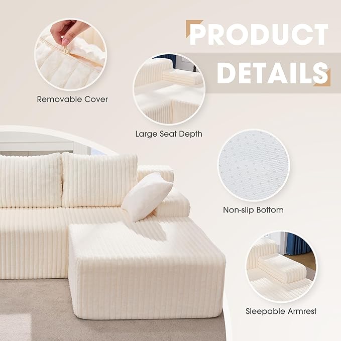 Modular Sectional Sofa Couches L-Shape Couch 3 Seat Modular Sofa Memory Foam Sectional Couches for Living Room, Cloud Couch with Oversized Chaise (White Stripe, 96" Right Facing Chaise)