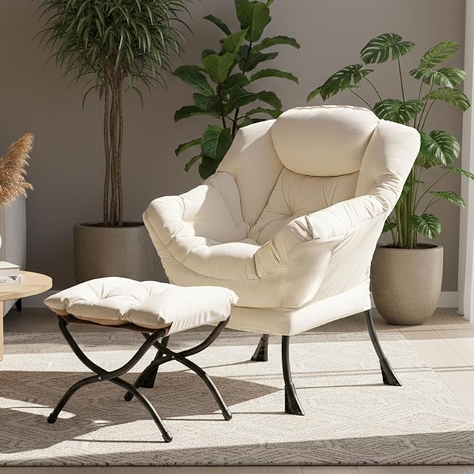 Tiita Lazy Chair with Ottoman, Beige Modern Large Accent Chair, Comfy Leisure Sofa Armchair with Ottoman, Reading Chair with Footrest for Bedroom, Living Room, Dorm Rooms, Velvet Beige