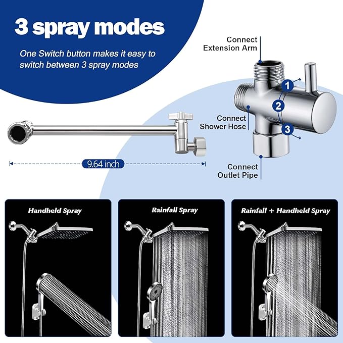 Shower Head,14" High Pressure Shower Combo,Rainfall Shower System with Handheld Spray,All Metal 3-Way Diverter & 6ft Hose,Anti-Clog Nozzles,Easy to Install in Bathrooms-Chrome