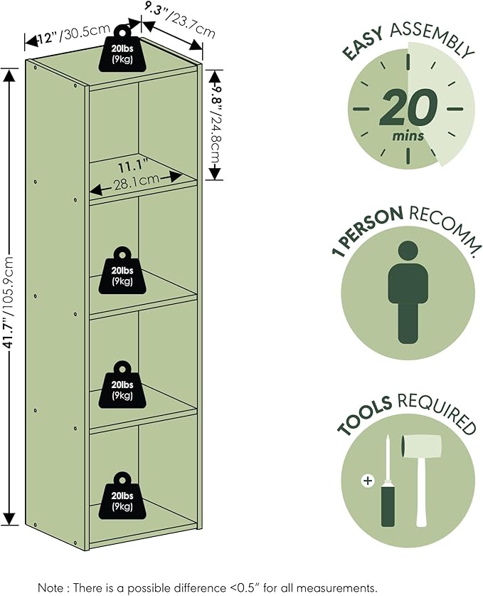 Furinno PASIR Book Shelf, 4-Tier Modern Bookshelf, Open Shelves Bookcase 9 x 12 x 42, Easy Assembly, for Living Room, Bedroom, Home Office, Blackwood