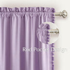 NICETOWN Lilac Purple Velvet Curtains 96 Inch Length (2 Panels) – Pom Pom Room Darkening Drapes for Nursery & Kids Room, Thermal Insulated Soft Window Treatments Whimsical Charm Decor