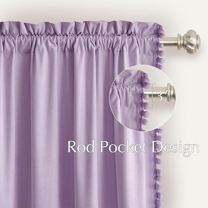 NICETOWN Lilac Purple Velvet Curtains 96 Inch Length (2 Panels) – Pom Pom Room Darkening Drapes for Nursery & Kids Room, Thermal Insulated Soft Window Treatments Whimsical Charm Decor