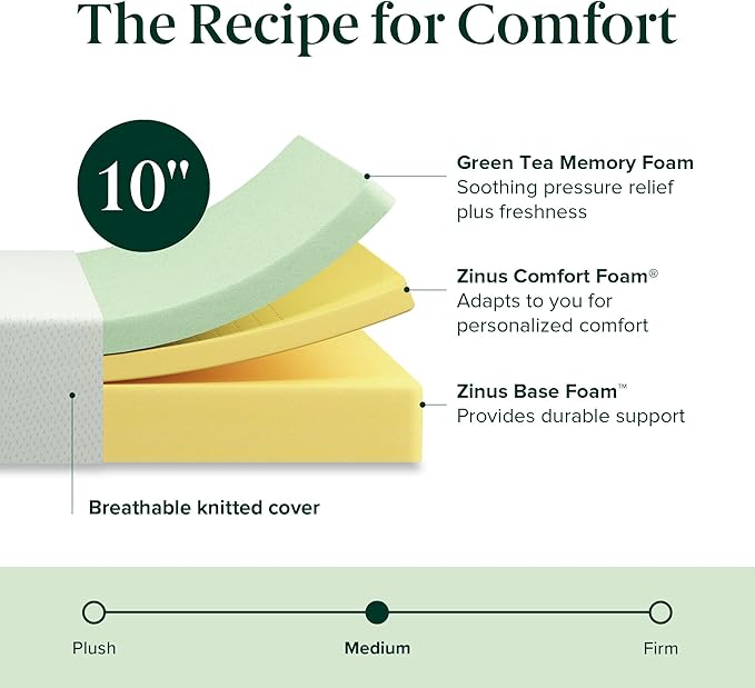 Zinus 10 Inch King Green Tea Memory Foam Mattress [New Version], Fiberglass Free, Medium Firm Feel, Zoned Pressure Relief, Certified Safe Foams & Fabric, Mattress in A Box