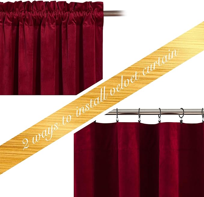NICETOWN Christmas Red Velvet Curtains and Drapes, Extra Long Elegant Wall Backdrop Drapes for Holiday Season Home Decoration (Set of 2, Rod Pocket Design, 72 inches Long)