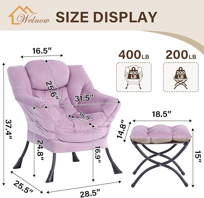 Welnow Lazy Chair with Ottoman, Modern Accent Chair with Armrests and a Side Pocket, Leisure Upholstered Sofa Armchair Set, Reading Armchair with Footrest for Small Space, Light Purple