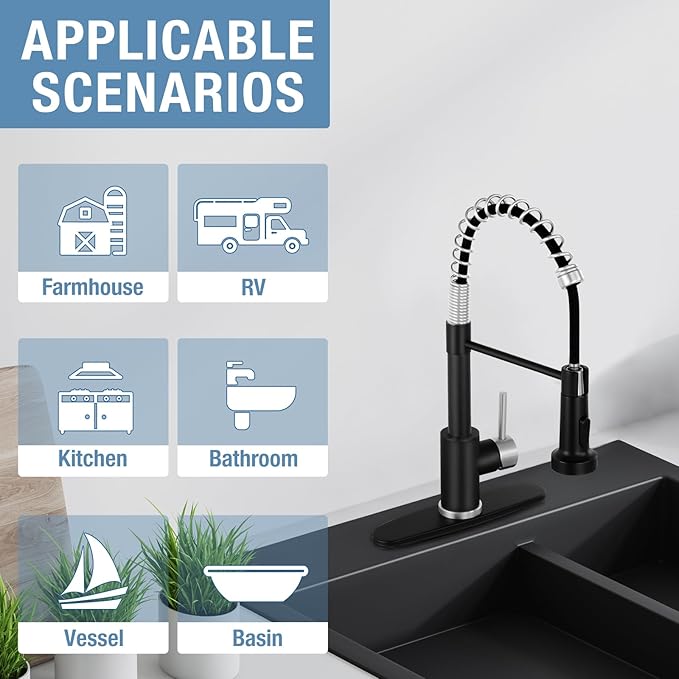 DJS Kitchen Faucets with Pull Down Sprayer Matte Black & Brushed Nickel - Single Handle 1 or 3 Holes Spring Kitchen Sink Faucet with Deck Plate for Farmhouse RV Vessel Basin