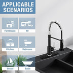 DJS Kitchen Faucets with Pull Down Sprayer Matte Black & Brushed Nickel - Single Handle 1 or 3 Holes Spring Kitchen Sink Faucet with Deck Plate for Farmhouse RV Vessel Basin