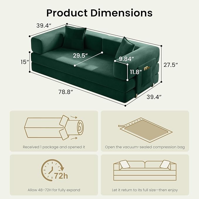 78.8" Convertible Sofa Bed,Corduroy Futon Couch with Storage Pocket,Folding Pull Out Futon Sofa,No Assembly Boneless Couch for Living Room, Emerald Green | Convertible Sofa Bed, Boneless Couch, sofa for living room, sleeper sofa, modular sofa