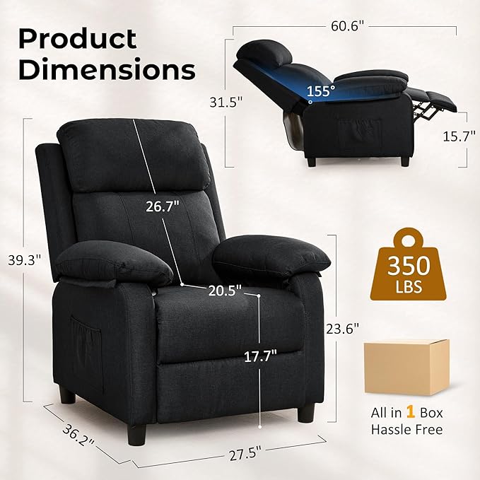 Recliner Chair, Reading Chair for Adults with Side Pockets, Recliners with Padded Deep Seat, Small Recliners for Small Spaces, Linen Fabric Comfy Chair for Bedroom, Living Room, and RV