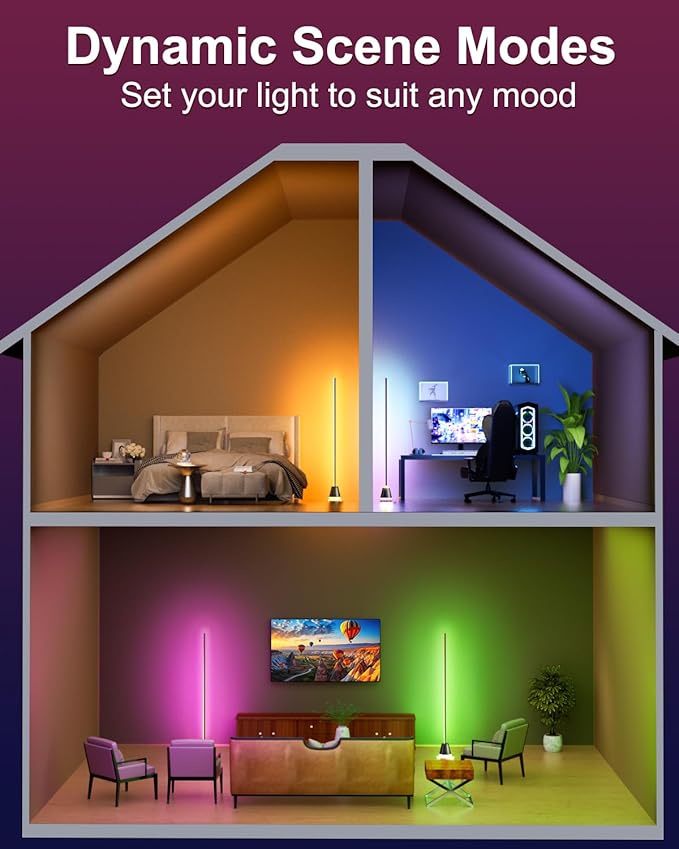 Keepsmile Smart RGB LED Corner Floor Lamp,Bright Tall Standing Lamps with APP and Remote,Modern Floor Lamp with Music Sync and 16 Million Colors, Ambient Lighting for Living Room Matte Black 2 Pack