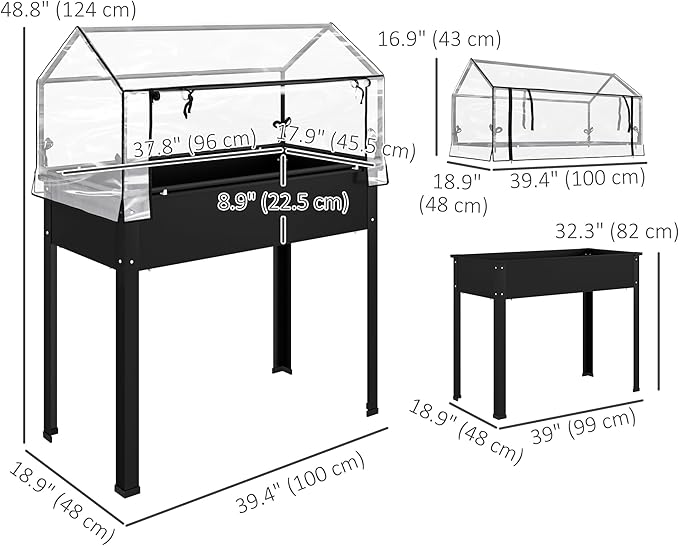 Outsunny Raised Garden Bed with Flip-Up Greenhouse Cover, Elevated Planter Box with Legs and Drainage Hole for Vegetables Flowers Herbs, 39.4" x 18.9" x 48.8", Black