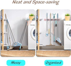 Pink Mop Broom Holder Wall Mount with 4 Slots & 4 Hooks - Wood Broom Mop Hanger for Pantry Closet Laundry Room Kitchen Organization - for Pink Kitchen Decor and Accessories