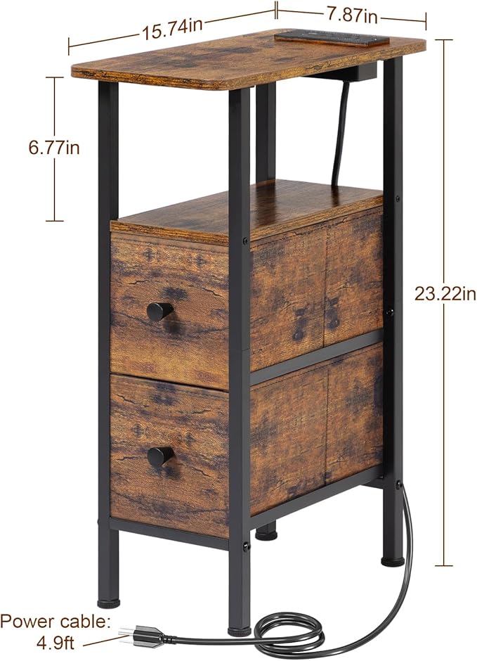Narrow Nightstand with Charging Station, End Tables Living Room Set of 2, Skinny Side Table with Fabric Drawers, Small Sofa Table with LED Light for Bedroom, Rustic Brown, HETNDP02LPBR