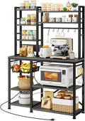 SNTD Baker Rack with Power Outlet - Microwave Stand with Storage, Large Coffee Bar Station with 14 Hooks, Metal Kitchen Shelf Rack for Spices, Pots (Rustic Grey)
