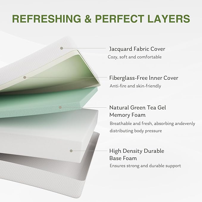 EGOHOME Twin XL Memory Foam Mattress, 10 Inch Bed Mattress in a Box with Cooling Green Tea Gel, Relieve Pressure with Medium Support, CertiPUR-US Certified, 80''L x 38''W, White