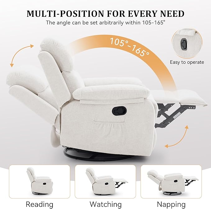 Recliner Chair, 360 Swivel Rocker Chair for Adults, Small Rocking Recliner Chair for Small Spaces, Upholstered Chenille Fabric Glider Recliner Nursery Chair with Side Pockets for Living Room