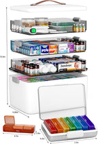 CTIME 4-Tier XL Medicine Organizer with Leather Handle - Portable Pill Case & Empty First Aid Kit for Home, Travel, RV, School, Dorm | Ideal Elderly Gift