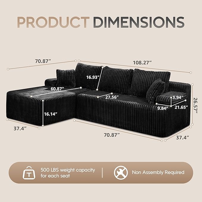 Modular Sectional Sofa Couches L-Shape Couch 3 Seat Modular Sofa Memory Foam Sectional Couches for Living Room, Cloud Couch with Oversized Chaise (Black Stripe, 108" Left Facing Chaise)