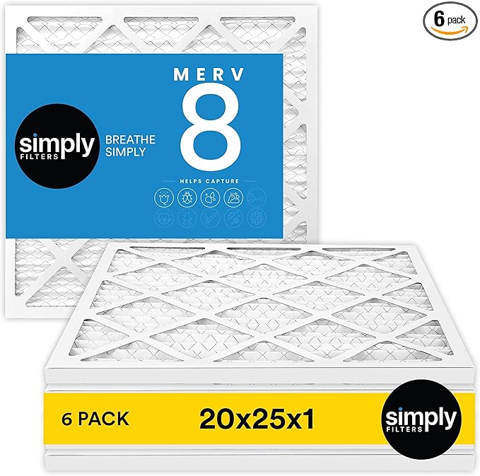 Simply 20x25x1 Air Filter, Merv 8, 6 Pack, For Home AC Furnace & HVAC (Actual Size: 19.75"x24.75"x0.75") DUST, Pet, & Allergy Control
