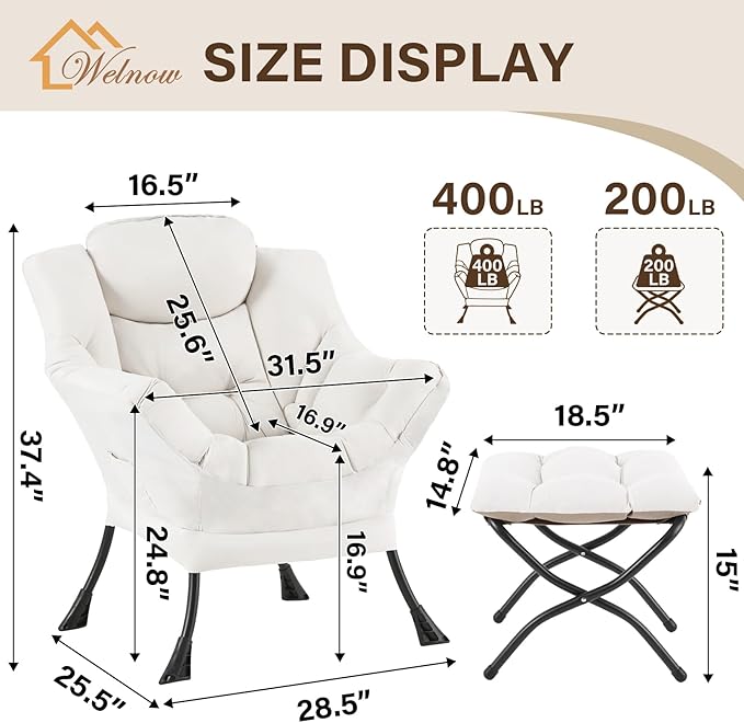 Welnow Lazy Chair with Ottoman, Modern Reading Accent Chair with Armrests and a Side Pocket, Leisure Upholstered Lazy Sofa Set with Footrest for Small Space, Beige