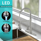 DJS Kitchen Faucets with Pull Down Sprayer Brushed Nickel LED Light Single Handle 1 or 3 Holes Spring Kitchen Sink Faucet with Deck Plate for Farmhouse RV Vessel Basin